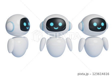 3D graphics of AI robot character standing at attention with smiling face 123614816