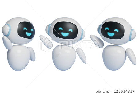 3D graphic of AI robot character waving with a big smile 3D graphic of AI robot character waving with a big smile 123614817