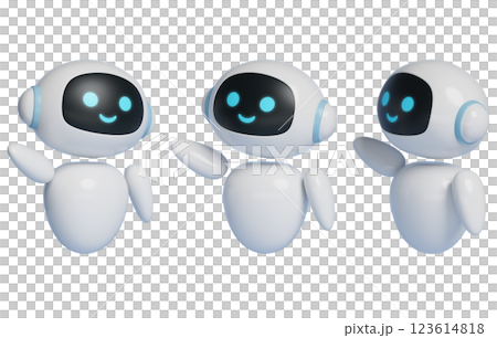 3D graphics of AI robot character guiding pose with smiling face 123614818