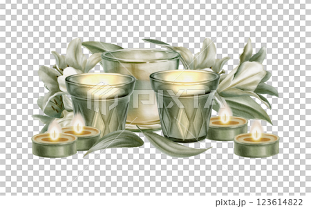 Candles in glass jars and small round altar candles with white lilies in realistic watercolor for Catholic holiday decor like Easter or wedding.For festive designs,invitations,church-themed projects 123614822