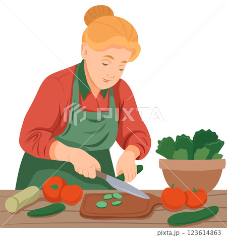 Woman cutting salad. Vector illustration in flat style. Housewife cooking. Woman cutting salad. Vector illustration in flat style. Housewife cooking. 123614863