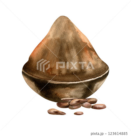 Cocoa powder with cocoa dried beans watercolor illustration. Hand drawn isolated cocoa fruit clipart, tropical molted nuts for coffee and hot drink, breakfast drinking ingredient painting for packing 123614885