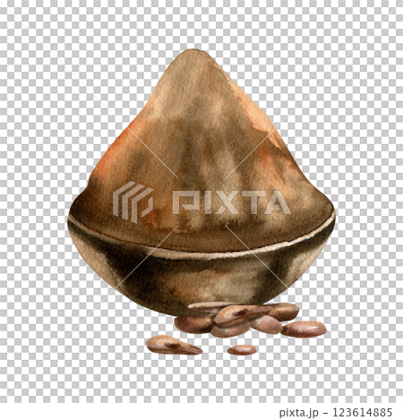 Cocoa powder with cocoa dried beans watercolor illustration. Hand drawn isolated cocoa fruit clipart, tropical molted nuts for coffee and hot drink, breakfast drinking ingredient painting for packing 123614885