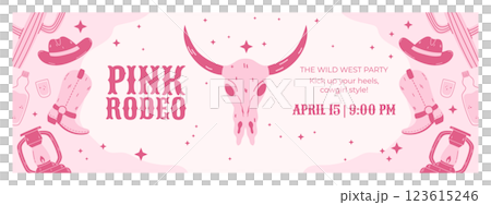A vibrant pink Wild West-themed horizontal banner featuring cowgirl elements such as boots, hats, cacti, lanterns, and a bull skull. Perfect for event promotions, party decor, and Western-inspired A vibrant pink Wild West-themed horizontal banner featuring cowgirl elements such as boots, hats, cacti, lanterns, and a bull skull. Perfect for event promotions, party decor, and Western-inspired 123615246