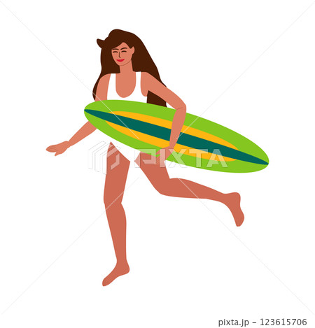 Young woman in swimsuit running with surfboard 123615706