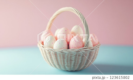 Colorful eggs in a woven basket 123615802