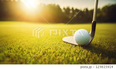 Golf club and golf ball on green grass background. Blurred backdrop. Outdoor sport on a sunny day. Generative AI 123615914