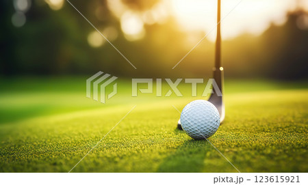 Golf club and golf ball on green grass background. Blurred backdrop. Outdoor sport on a sunny day. Generative AI 123615921