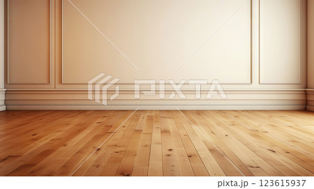 Beige wall empty apartment room with wooden floor. Copy space for product placement. Generative AI 123615937