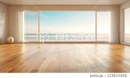 Empty apartment room with wooden floor of beach house. Sea view from windows. Copy space. Generative AI 123615938