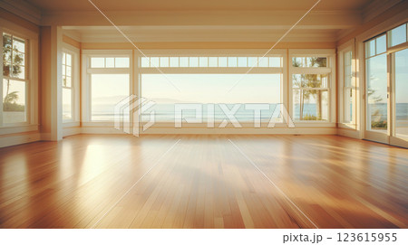 Empty apartment room with wooden floor of beach house. Sea view from windows. Copy space. Generative AI 123615955