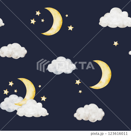 Crescent moon, clouds and stars on dark sky. Cute seamless pattern. Watercolor night weather baby illustration. Children's celestial background for kids goods,linen, pajamas and children's room Crescent moon, clouds and stars on dark sky. Cute seamless pattern. Watercolor night weather baby illustration. Children's celestial background for kids goods,linen, pajamas and children's room 123616011