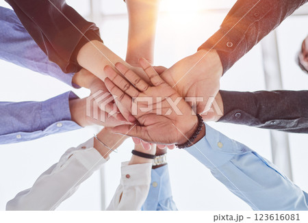 Hands of diversity men and women for corporate support, solidarity and mission or motivation 123616081