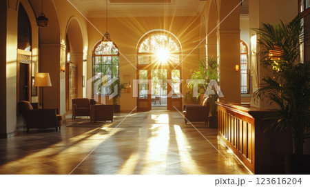 Sunlit lobby with arched windows, warm tones, and elegant furniture in boutique hotel 123616204
