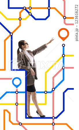 Contemporary art collage. Businesswoman pointing at bright destination marker, walking across digital metro-style path. Contemporary art collage. Businesswoman pointing at bright destination marker, walking across digital metro-style path. 123616272
