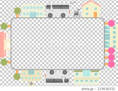 Illustration of a border frame with the image of a nursing care taxi Illustration of a border frame with the image of a nursing care taxi 123616332