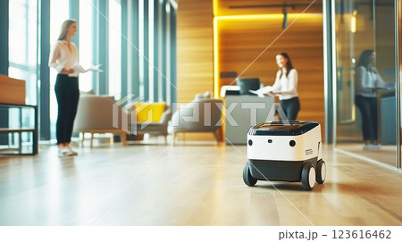 近未来のオフィスを走る自動配達ロボット 123616462