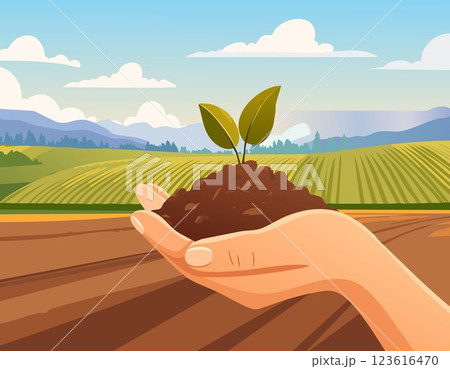 The fertile soil in the hands is suitable for cultivation. 123616470