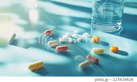 Various colorful pills on a table 123616626