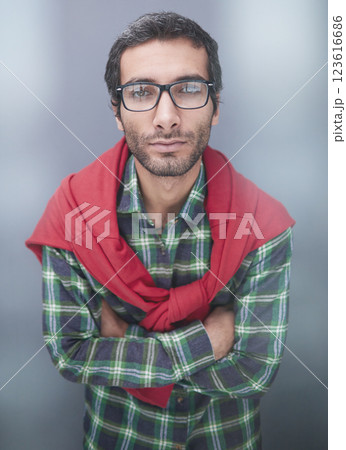 Thoughtful caucasian young man in glasses, looking into empty copy space thinking, 123616686