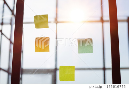 business people post it notes in glass wall at meeting room business people post it notes in glass wall at meeting room 123616753