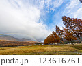 紅葉の山にかかる虹 123616761