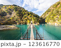 エメラルドグリーンの湖に架かる吊り橋 123616770
