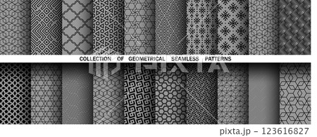 Geometric set of seamless black and gray patterns. Simple vector graphics 123616827