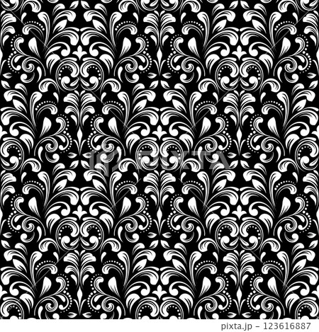 Floral pattern. Seamless vector background. Vintage wallpaper in the Baroque style. White and black ornament for fabric, wallpaper, packaging. Ornate Damask flower illustration. 123616887