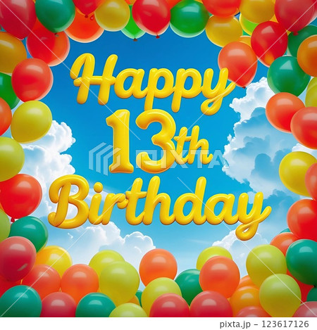 Happy 13th birthday with colorful balloons on blue sky background.  123617126