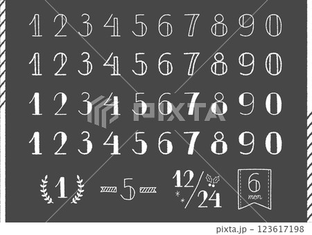 手描きの数字イラストセット（黒板・チョーク） 123617198