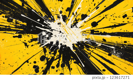 Yellow ink splatters in comic book style, close-up explosion with black and white dots, dynamic art. 123617271