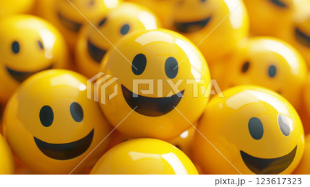 3D smile face balls, happy and cute in yellow, with many in a cheerful background. 123617323