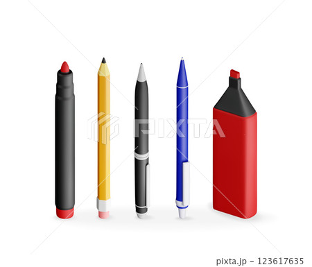 3D set of pens, pencil, markers isolated on white 3D set of pens, pencil, markers isolated on white 123617635