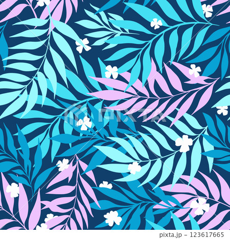Pink Blue Tropical Leaf Vector Seamless Pattern, Vibrant Exotic Foliage Leaves, Modern Bold Color Combination for Fashion Fabric Textile or Wallpaper Design 123617665