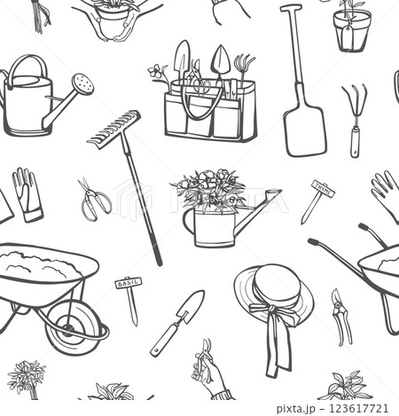 Gardening items in sketch style seamless pattern 123617721