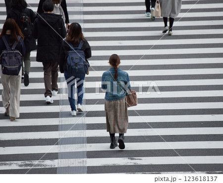 冬の都市の交差点の横断歩道を渡る人々の姿 冬の都市の交差点の横断歩道を渡る人々の姿 123618137
