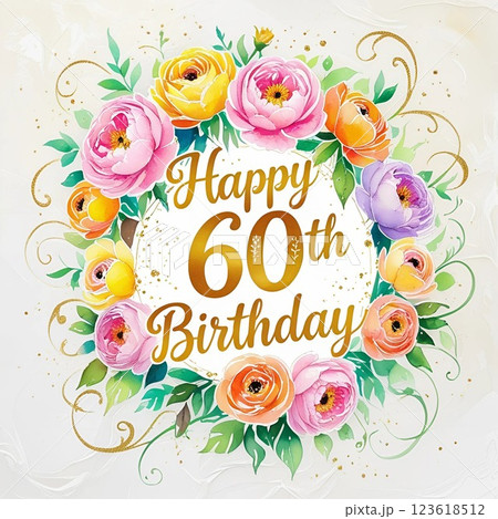 Happy 60th birthday floral greeting card with gold lettering.  123618512