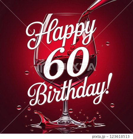 Happy 60th birthday with wine glass on red background.  123618513