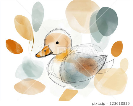 Minimalist watercolor illustration of a duckling with soft pastel tones and abstract shapes 123618839