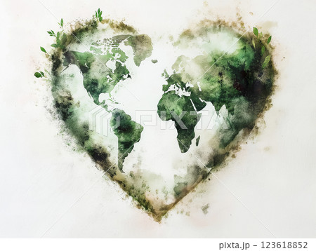 A heart-shaped watercolor illustration of the Earth with green tones and natural textures A heart-shaped watercolor illustration of the Earth with green tones and natural textures 123618852