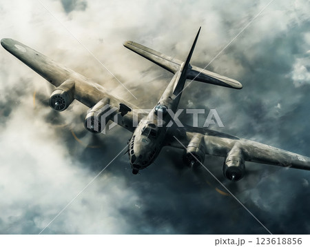 Vintage military aircraft flying through stormy clouds 123618856