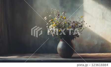 Still life of a wildflower bouquet in a vintage vase, reflecting a sustainable and rustic lifestyle with natural textures and soft light. Still life of a wildflower bouquet in a vintage vase, reflecting a sustainable and rustic lifestyle with natural textures and soft light. 123618864