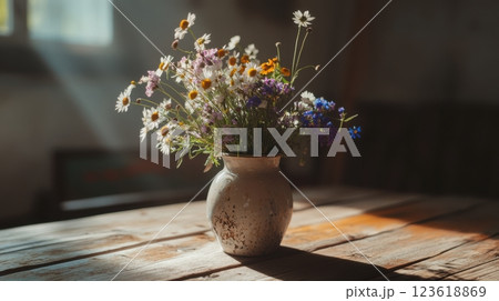 Wildflower bouquet on a windowsill in a vintage cottagecore interior, blending natural light with cozy and inviting home decor. 123618869