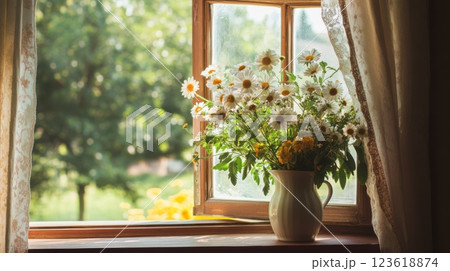 Wildflower bouquet in a vintage ceramic vase, showcasing natural beauty and a cozy boho aesthetic with daisies, cornflowers, and cosmos. 123618874