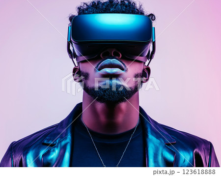 Futuristic portrait of a man wearing a virtual reality headset Futuristic portrait of a man wearing a virtual reality headset 123618888
