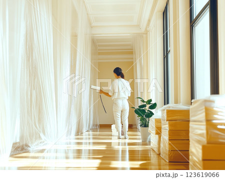 Woman painting a bright modern interior with a roller brush 123619066