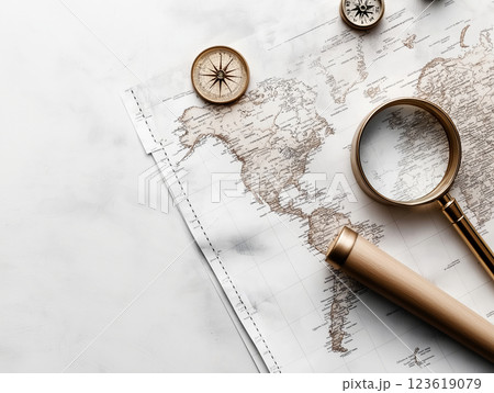 A vintage world map with a magnifying glass and compass on a white background 123619079