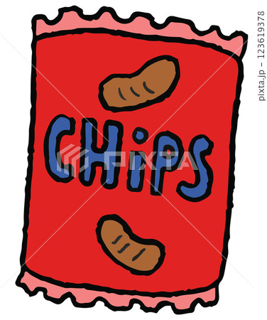 Hand drawn crayon illustration of bag of chips for grocery shopping, supermarket, market, mart, movie time, cute patch, shirt print, brooch, snack, back to school, vegan, potato, online shopping, icon Hand drawn crayon illustration of bag of chips for grocery shopping, supermarket, market, mart, movie time, cute patch, shirt print, brooch, snack, back to school, vegan, potato, online shopping, icon 123619378