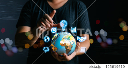Businessman hold global to plan. banking and financial , Business global internet connection application technology and digital marketing, cloud computing,big data, Digital link tech. 123619610